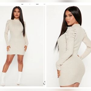 Fashion Nova Love Always Dress Women Size XL Oatmeal Knit Puff Sleeves